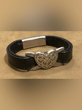 Black Leather Heart Bracelet with Silver Accent